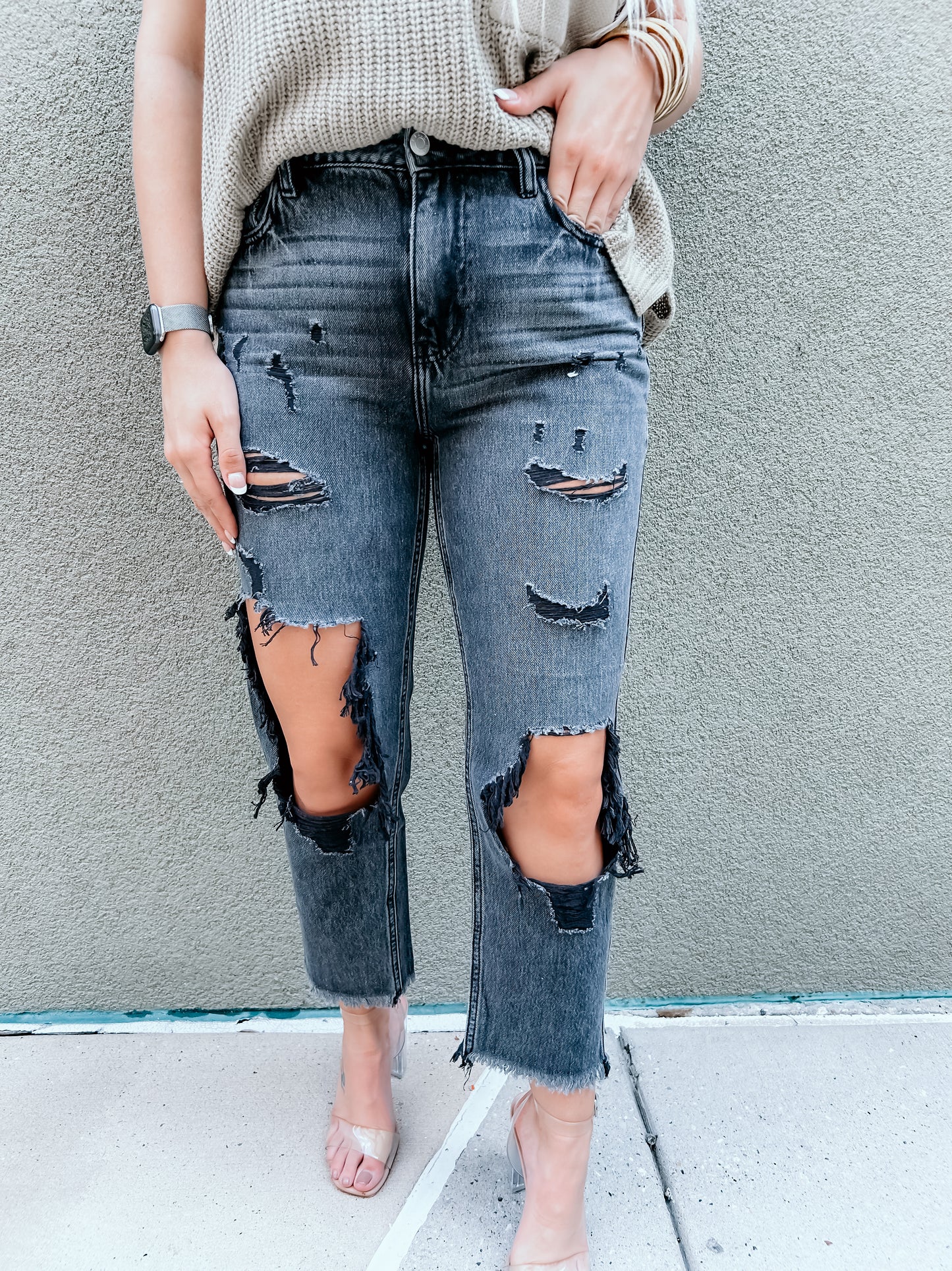 Black High Rise Distressed Jeans